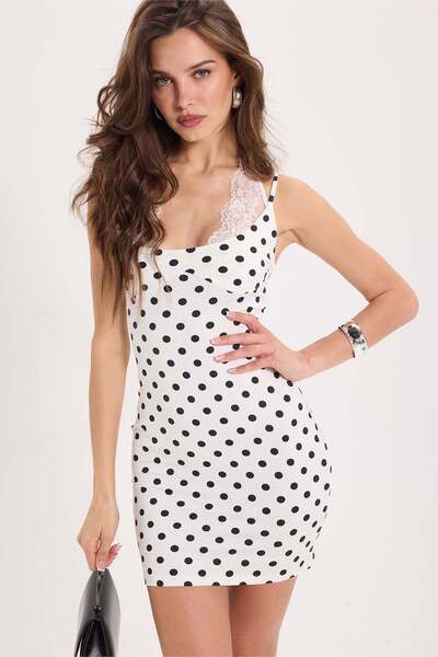 Tudors Women's slim fit halter neck sleeveless dress with lace detail in ecru
