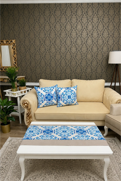 ASDİVA Flowa Mavi White Tile Patterned 3-Piece Combination Set - 1 Runner and...