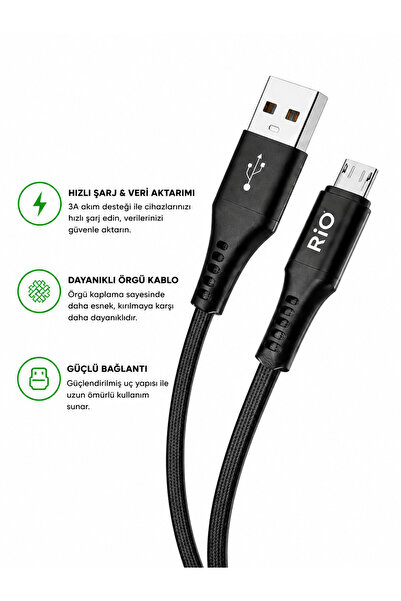Rio Micro USB Hızlı Şarj ve Data Kablosu 3A – Naylon Örgülü Dayanıklı Kablo