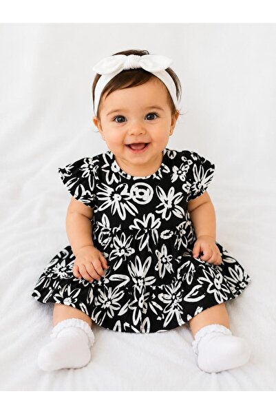 Oz Baby Baby Girl Floral Patterned Cotton Summer Dress Short Sleeve 6-18 Months