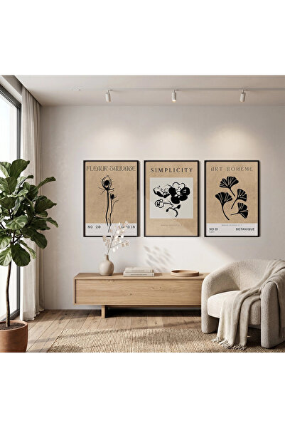 KOLAJTASARIM Set de 3 tablouri cu ilustrații botanice boeme, înrămate în negr...