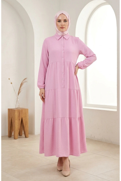 sefamerve Aerobin Fabric Buttoned Layered Hijab Dress 4124-04 Pink