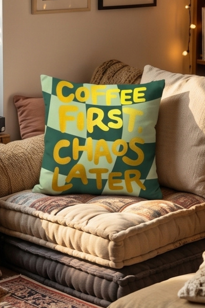 Atay Home Coffee First Chaos Later Written Decorative Throw Pillow Cover 43X43 cm Double Sided Green Checkered