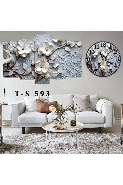 BellaaaModa ÇİÇEK TEMALI Dekoratif Desenli Mdf Tablo 5 Parça Set ve Saatli Ta...