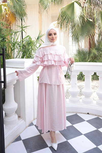 İmajButik Pembe Gömleği Katlı Etekli Takım