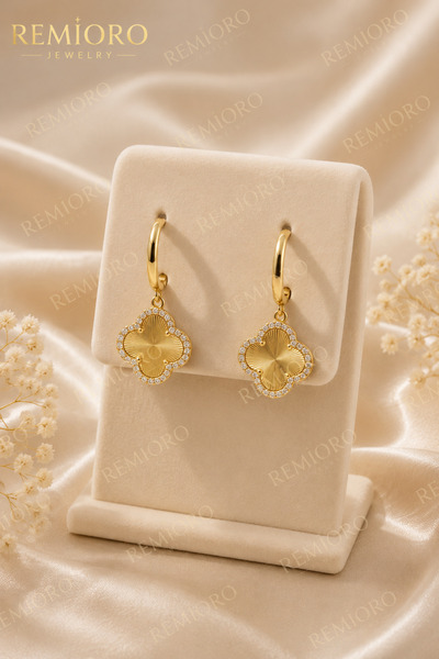 REMIORO Cercei Damă Trifoi cu Zirconii, Placare Aur 14K, Model Luxury Clover,...