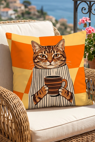 Atay Home Kahve İçen Kedi Desenli Dekoratif Kırlent Kılıfı 43x43 cm Çift Tara...
