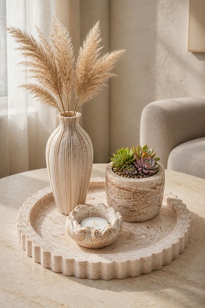 Hikwo Vazolu Mumluk Tepsili Lotus Detaylı Dekoratif Hediyelik Set - Kahve