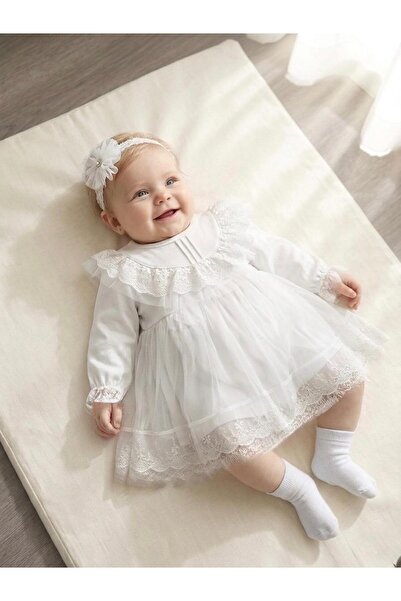 Miniday Baby Baby Girl Mevlütlük Dress with Bandana and Lace, Newborn Hospita...