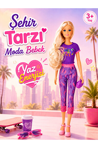 HALLEY Şehir Tarzı Moda Bebek - Mor Yazlık Kıyafetli Uzun Sarı Saçlı Manken B...