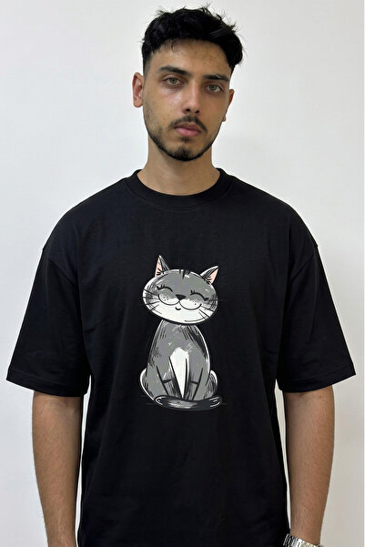 Anetos Cartoon Cat Design Printed Oversize Black T-Shirt