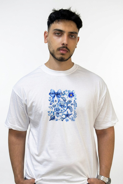 Anetos Cini Kaplumbaga Design Printed Oversize White T-Shirt