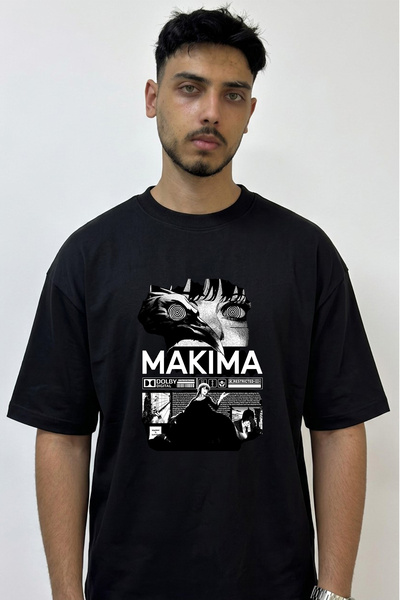 Anetos Makima Chainsaw Design Printed Oversize Black T-Shirt