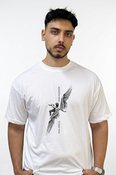 Anetos Memento Mori Angel Design Printed Oversize White T-Shirt