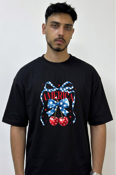 Anetos America Cherries Design Printed Oversize Black T-Shirt