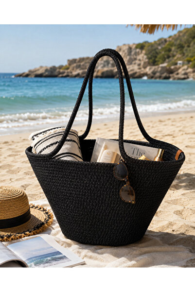 TECHTACT Kadın El Yapımı Siyah Hasır Görünümlü Örgü Çanta – 3 Boy Seçenekli O...