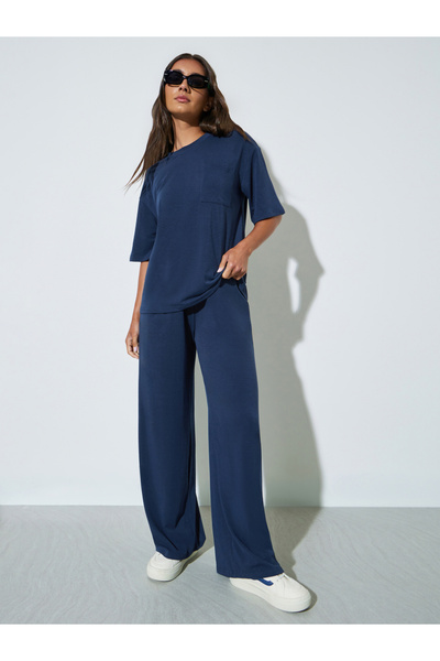 Styli Dark Blue Front Pocket Oversized T-Shirt and Wide Leg Joggers Set