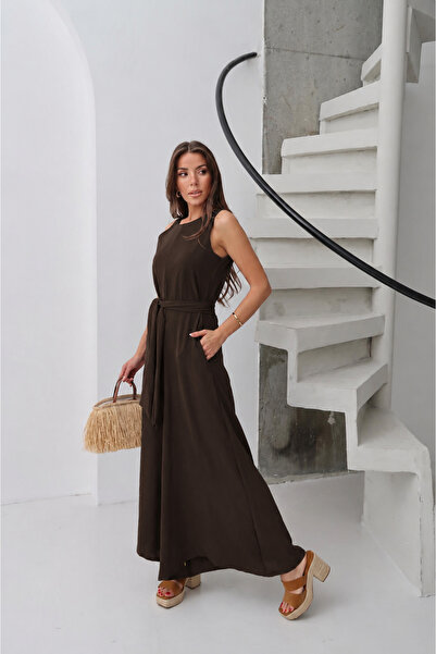 Butik Kahverengi Ayrobin Kumaş Kuşaklı Gizli Fermuarlı Bol Paça Tulum