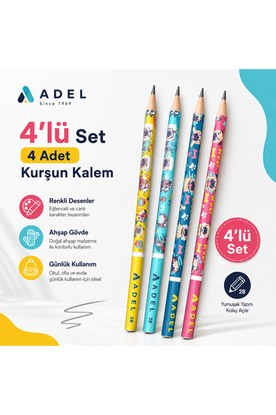Adel 2B Kurşun Kalem 4’lü Set Renkli Desenli Ahşap Gövdeli Okul Çocuk Yazı Ka...