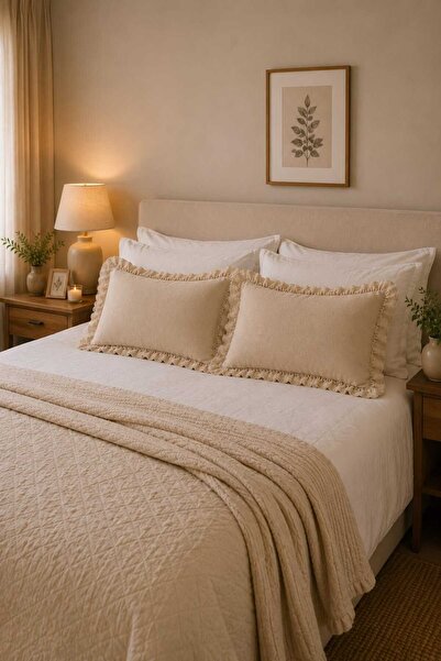 Deko Dekor 2-Piece Ruffled Linen Decorative Pillowcase 100% Cotton Buldan Fab...