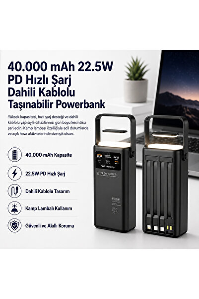 Mmctech Hızlı Şarjlı Powerbank 40.000MAH 22.5W Dahili Kablolu 2x USB Outdoor ...