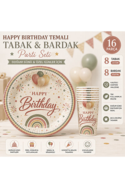 Ege Pastacılık Happy Birthday Temalı Karton Tabak ve Bardak Seti 16 Parça 22 ...