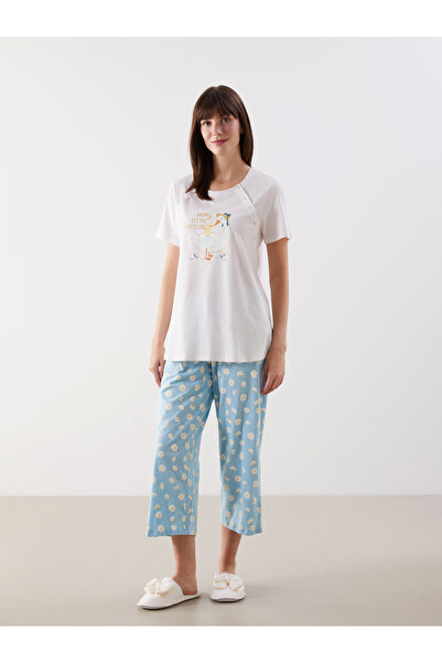 LC Waikiki Set de pijamale de maternitate cu guler rotund, imprimate, cu pant...