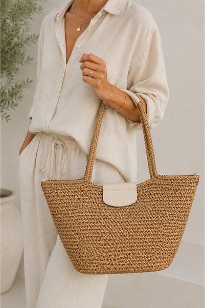 MaVaux Palma Large Size Straw Shoulder Bag with Genuine Leather Detail, Handmade Beach and Daily Stylish Design Women's Shoulder Bag