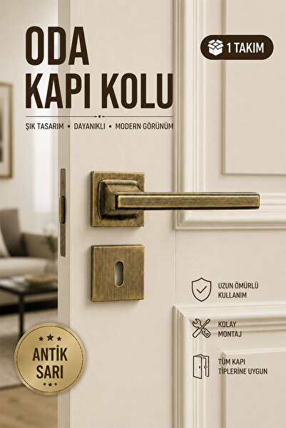 Badem10 TECHNO PREMİUM OLİFKA Antik Sarı Kare Rozetli Oda Kapı Kolu İç Mekan ...