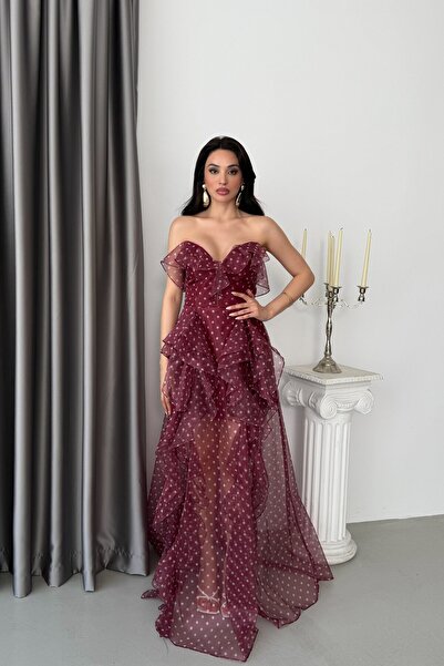 Serica Moda Bordo Straplez Volanlı Puantiyeli Abiye Elbise