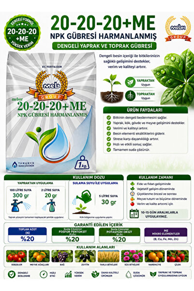 Mebor 20-20-20+Me Dengeli Npk Gübresi 1 kg – Yaprak ve Toprak Gübresi | Sebze...
