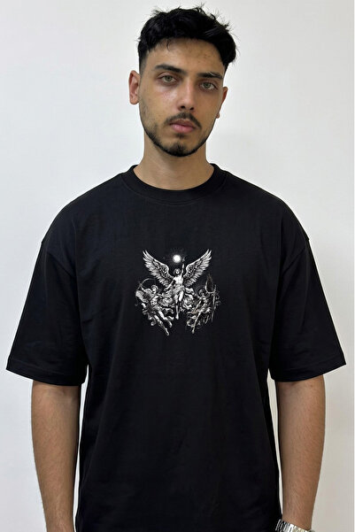 Anetos Angels Mythology Design Printed Oversize Black T-Shirt