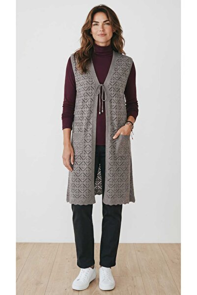ECE GİYİM Women's Lace-Up Front Pocketed Patterned Thin Long Vest