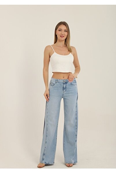 ESPARANTO Kadın Taş Detaylı Yüksek Bel Geniş Paça Wide Leg Jean Pantolon (Bella)
