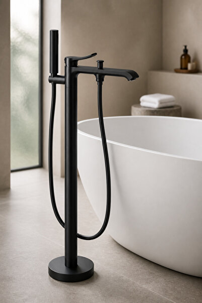 İSAOĞLU YAPI Matte Black Bathtub Faucet Suitable for Bathtubs High Model Bath...