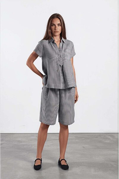ZYRAH Gray Color Striped 100% Cotton Women's Blouse and Bermuda Shorts Bottom...