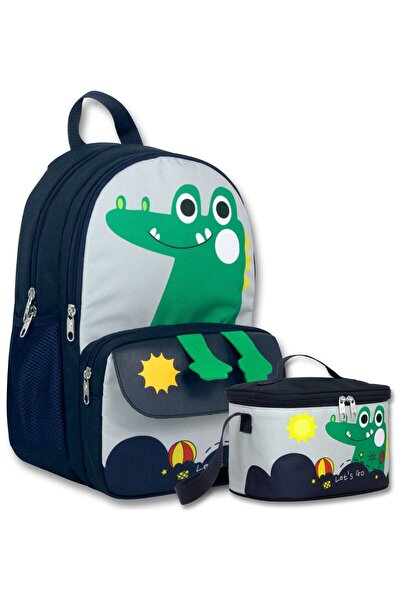 ÜMİT ÇANTA Boy's Cute Crocodile Printed School Bag + Lunch Box Set - Setumt6033B