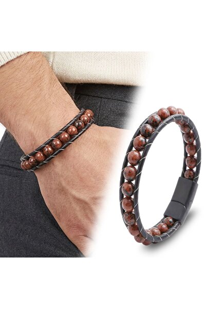 OGHAMAY 8mm Mahogany Obsidian Natural Stone and Leather Bracelet 18392B2D8M9