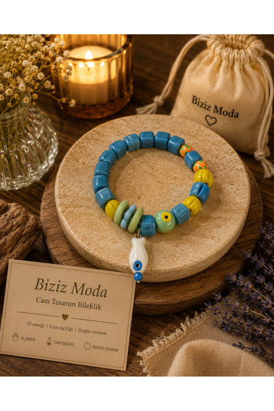 bizizmoda Murano Fish Glass Bead Blue Evil Eye Bracelet