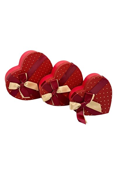 AFO Set 3 Cutii Inima cu Buline si Fundita Auriu Rosu