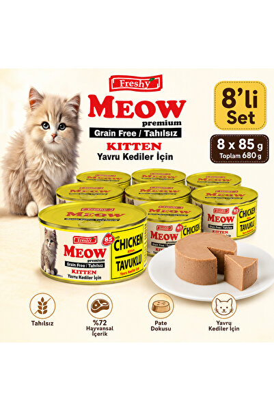 Kitten Tavuklu Yavru Kedi Yaş Maması 8’li Set 8 x 85 g, Tahılsız Kıyılmış Pate Konserve, Toplam 680 g