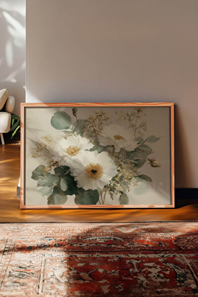 Zestia Pictură murală orizontală vintage, buchet de flori de bujor alb, înrăm...
