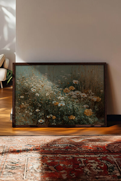 Zestia Vintage Horizontal Wall Art, Yellow and White Daisy Field, Brown Frame...