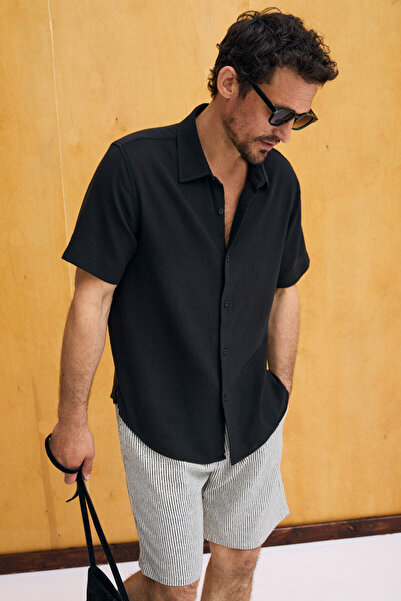 GRIMELANGE Lunas Men's 100% Organic Cotton Fitted Regular Fit Black Shirt