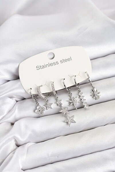 Inure Jewelry 316L Steel Silver Color Zircon Stone Star Detailed Women's Earr...