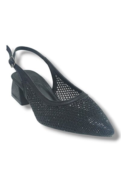 Defne 800-26 Glittery Satin Mesh Stoned Short Square Heel Women's Shoes