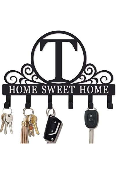 Slasa Letter T Acrylic Key Holder for Wall, Black Monogram Decor, 24 x 17 cm