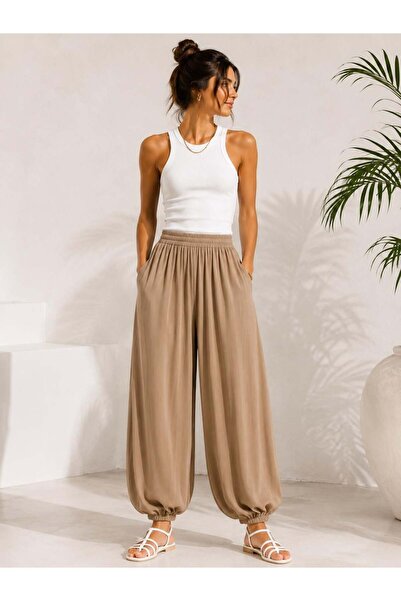 aguaje A60066 Beli Lastikli Şalvar Pantolon / CAMEL
