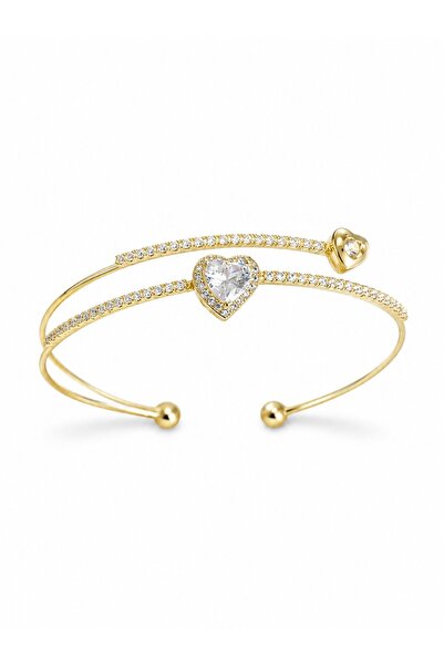 serelya Brass Gold Color Heart Model Zircon Stone Women's Bracelet