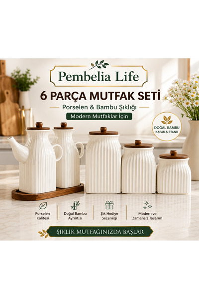 Pembelia Life طقم من 6 قطع من وعاء الزيت الخزفي مع قواعد من خشب الأكاسيا، وطق...